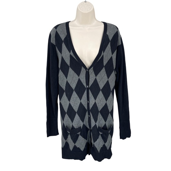 Lands' End Academia Cardigan Sweater Woman Longline Preppy Argyle Pockets Size L - Picture 1 of 10